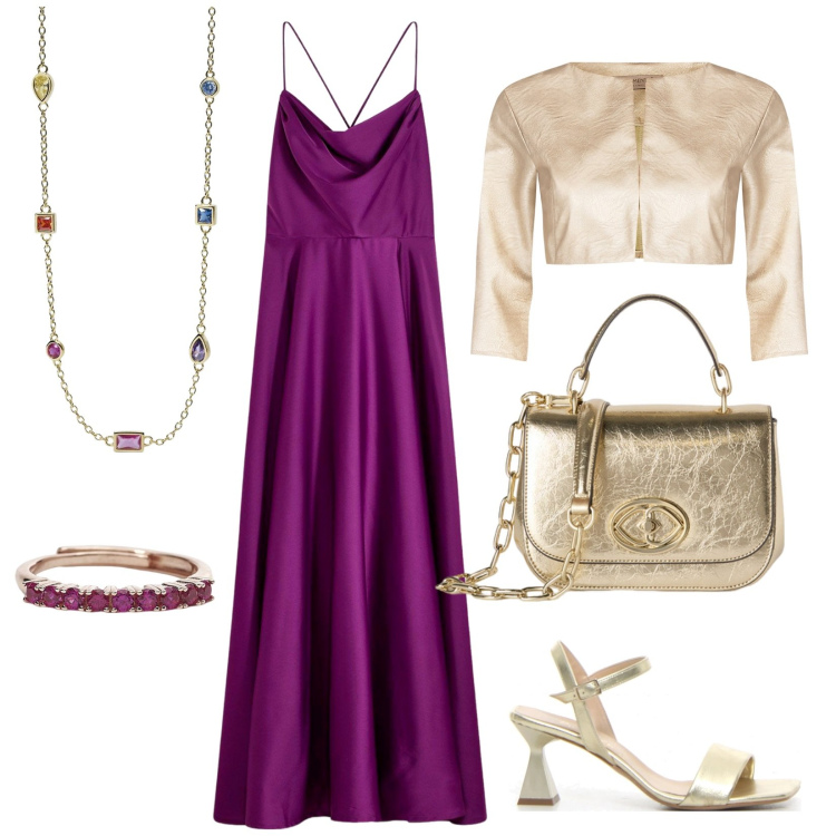 Outfit donna - Matrimonio in lungo. Stile Glamour per Cerimonia. Abbinamento con vestiti, collane, anelli, bolero, sandali col tacco, borse a tracolla.