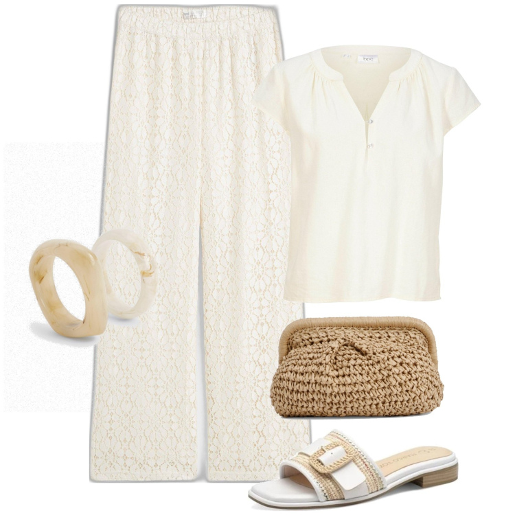 Outfit femme - Pantalon dentelle florale. Style Boho pour Tous les jours. Assortir avec pantalon , tuniques, sandales, pochette, bracelets.