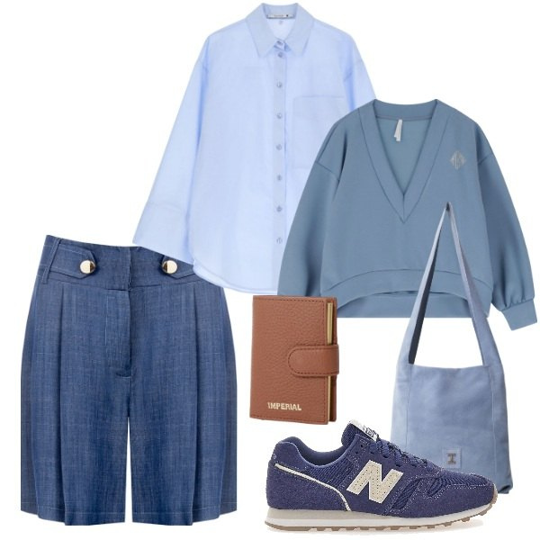 Outfit donna - Passeggiando in bermuda. Stile Urban per Tutti i giorni. Abbinamento con bermuda, camicie, portafogli, maglieria, borse a tracolla, sneakers.