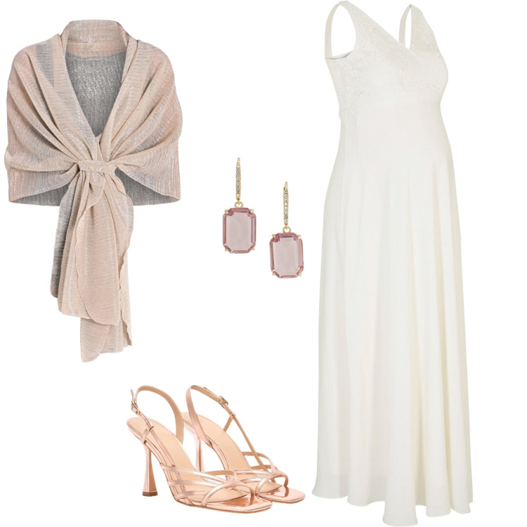 Outfit donna - Sposarmi in dolce attesa. Stile Chic per Cerimonia. Abbinamento con vestiti, stole, orecchini, sandali col tacco.