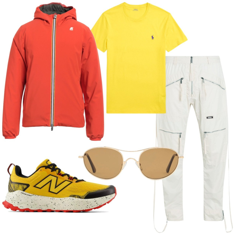 Outfit uomo - Giallo e arancio. Stile Urban per Tutti i giorni. Abbinamento con giacche, pantaloni cargo, sneakers, t-shirt, occhiali da sole.