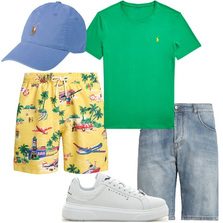 Outfit uomo - Un assaggio di mare. Stile Casual per Mare. Abbinamento con shorts, t-shirt, cappelli, costumi, sneakers.