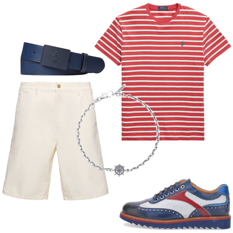 Outfit uomo - T-shirt a righe. Stile Casual per Tutti i giorni. Abbinamento con braccialetti, cinture, t-shirt, scarpe stringate, shorts.