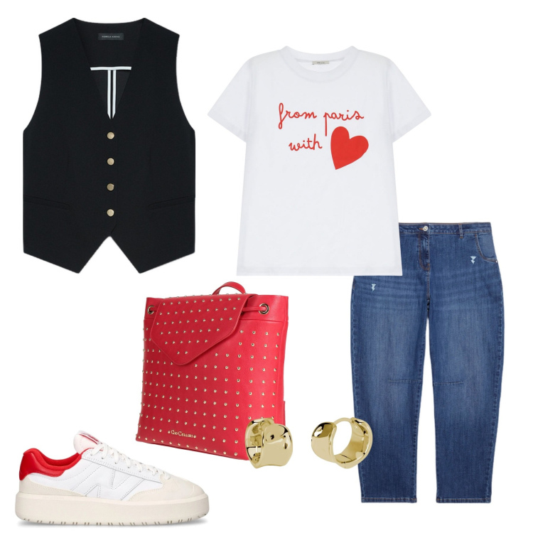 Outfit donna - Rosso in città. Stile Casual chic per Tutti i giorni. Abbinamento con zaini, orecchini, t-shirt, gilet, jeans strappati, sneakers.