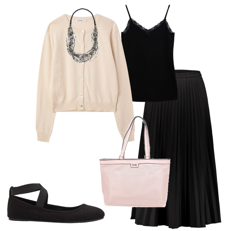 Outfit donna - In città. Stile Bon Ton per Ufficio. Abbinamento con ballerine, magliette intime, cardigans, gonne lunghe, collane, borse a spalla.