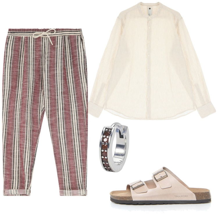 Outfit uomo - Colori neutri. Stile Casual per Tutti i giorni. Abbinamento con orecchini, camicie, pantaloni, sandali.