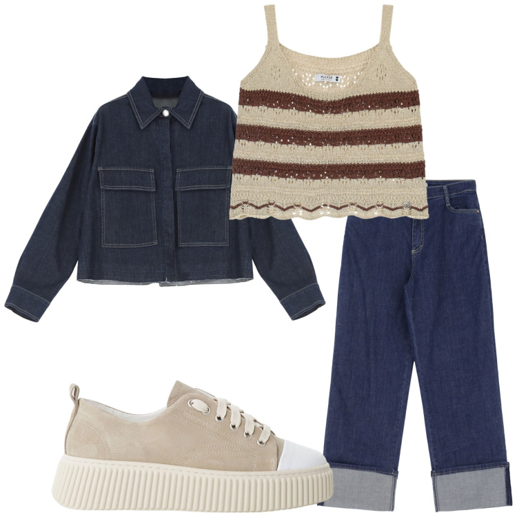 Outfit donna - Sere di maggio. Stile Casual per Serata fuori. Abbinamento con blazer, jeans, top, sneakers.