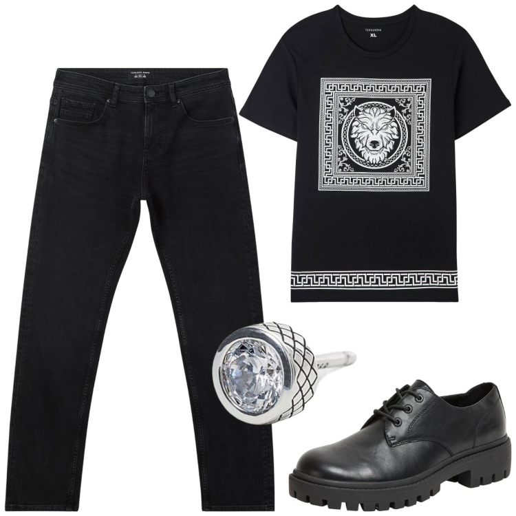 Outfit uomo - Black and white. Stile Urban per Serata speciale. Abbinamento con t-shirt, jeans, scarpe stringate, orecchini.