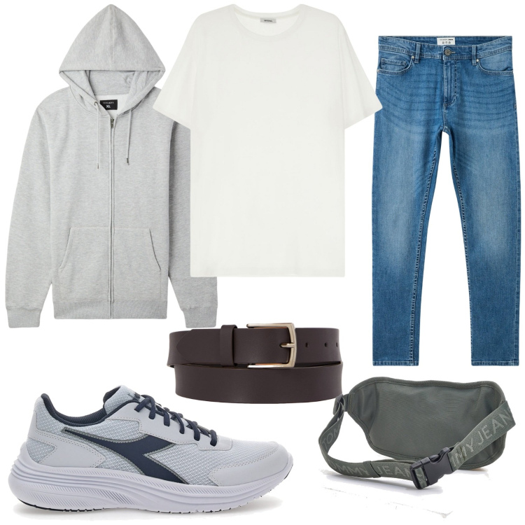 Outfit uomo - Allo stadio. Stile Urban per Tutti i giorni. Abbinamento con felpe con cappuccio, jeans skinny, t-shirt, borse sportive, cinture, sneakers.
