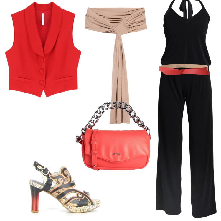Outfit donna - Cerimonia dai dettagli rossi. Stile Chic per Cerimonia. Abbinamento con tute, borse a mano, gilet, cinture, sandali col tacco, scialli.