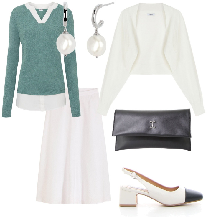 Outfit donna - Premiazione dello sport. per Cerimonia. Abbinamento con maglieria, gonne longuette, orecchini, pochette, décolleté, blazer.