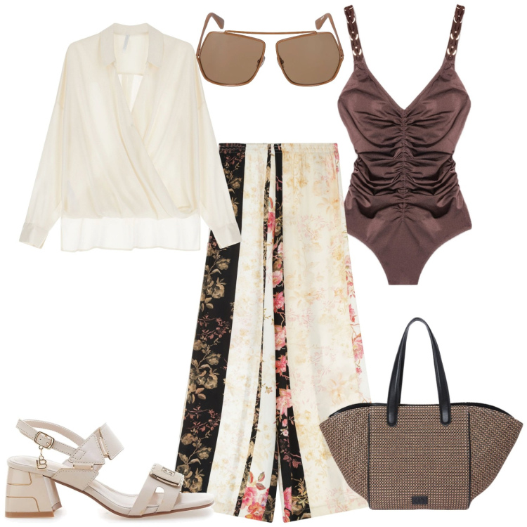Outfit donna - Al mare. Stile Chic per Mare. Abbinamento con pantaloni a palazzo, bluse, costumi interi, sandali col tacco, occhiali da sole, shopping bag.