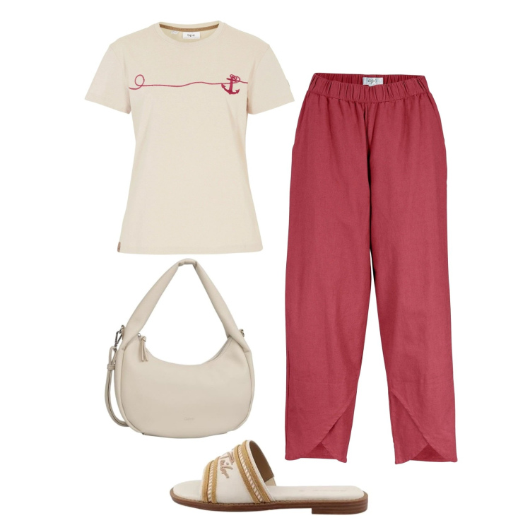 Outfit femme - Ensemble casual. Style Casual pour Tous les jours. Assortir avec pantalon , t-shirts, sacs en bandoulière, sandales.