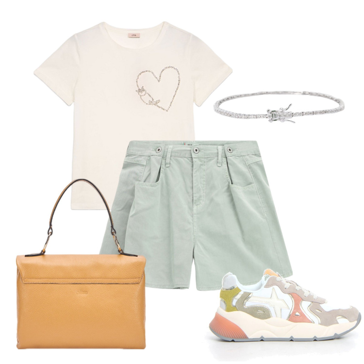 Outfit donna - New Shop: Boscaini Scarpe!. Stile Sporty chic per Tutti i giorni. Abbinamento con braccialetti, shorts, sneakers, borse a cartella, t-shirt.