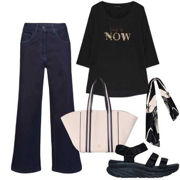 Outfit donna - Maggio i primi sandali. Stile Urban per Tutti i giorni. Abbinamento con sciarpe, sandali col tacco, pantaloni, t-shirt, shopping bag.