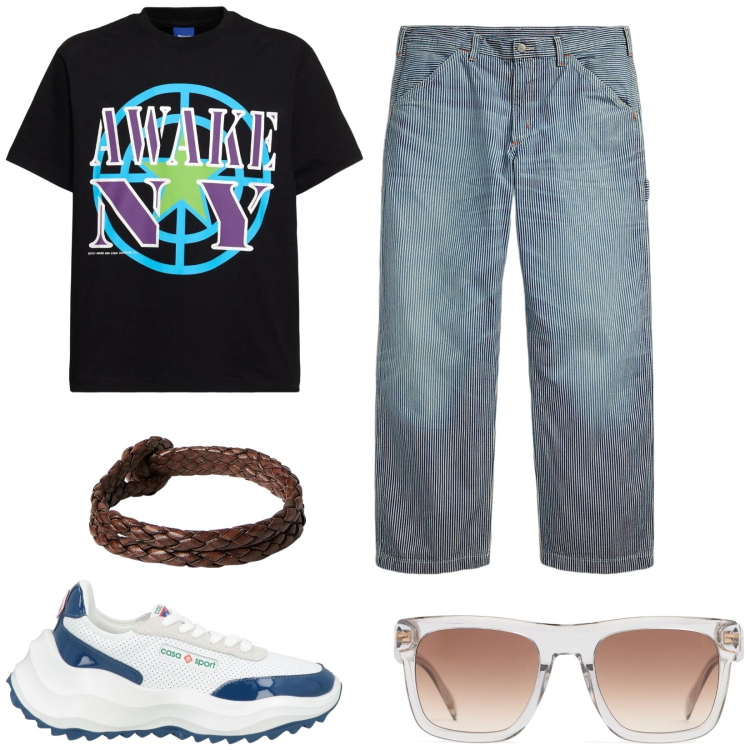 Outfit uomo - T-shirt grafiche. Stile Urban per Tutti i giorni. Abbinamento con sneakers, braccialetti, jeans, occhiali da sole, t-shirt.