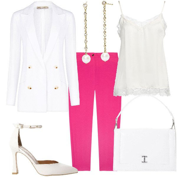 Outfit donna - Total look #2130640. Stile Chic per Cerimonia. Abbinamento con top, orecchini, blazer, décolleté, borse a tracolla, pantaloni chino.