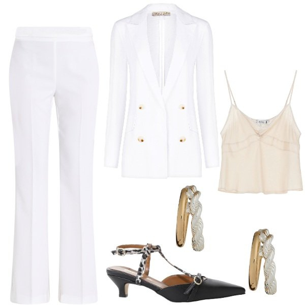 Outfit donna - Festa di laurea. Stile Bon Ton per Cerimonia. Abbinamento con pantaloni, blazer, top, décolleté, orecchini.