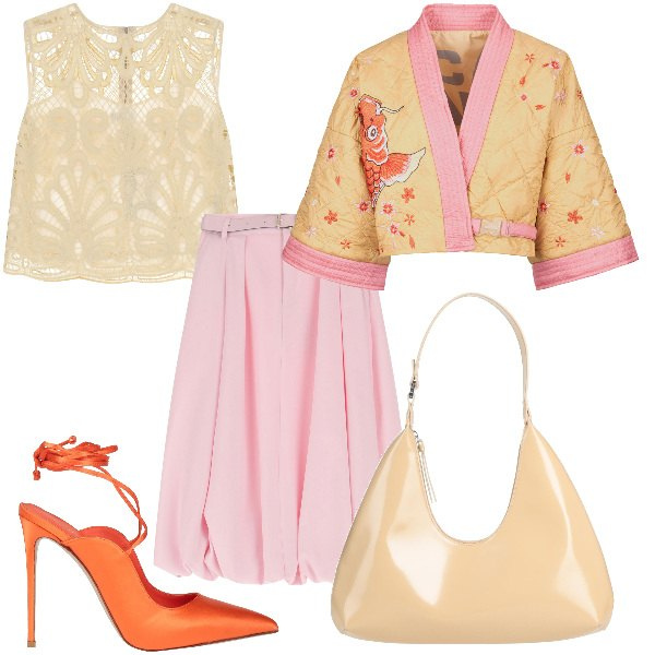 Outfit donna - Total look #2130647. Stile Trendy per Cerimonia. Abbinamento con borse a spalla, décolleté, gonne longuette, top, kimono.