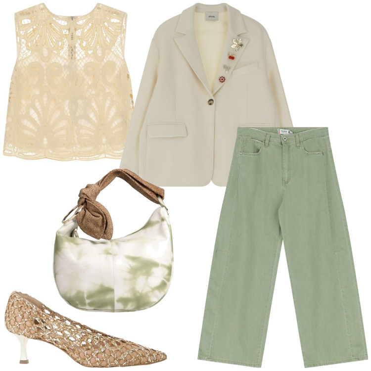 Outfit donna - Tinte pastello. Stile Casual chic per Serata fuori. Abbinamento con borse a spalla, pantaloni a palazzo, décolleté, top, blazer.