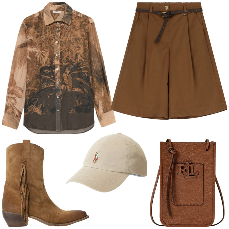 Outfit donna - Giungla cittadina. Stile Trendy per Serata fuori. Abbinamento con stivali, shorts, borse a tracolla, cappelli, camicie.