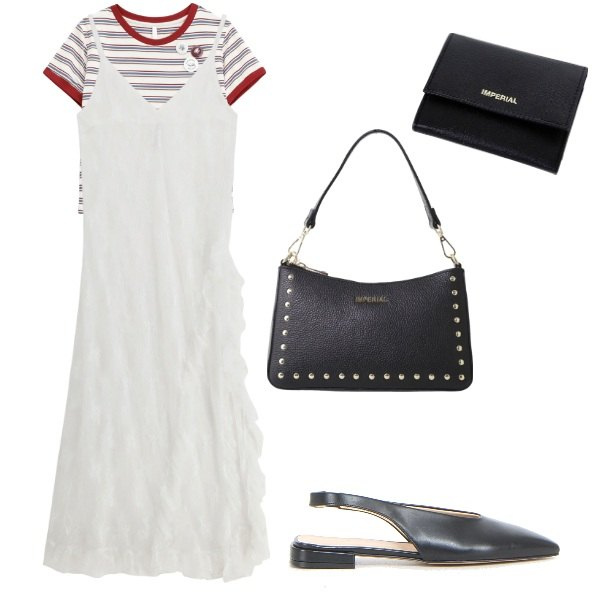 Outfit donna - La T-shirt sotto. Stile Urban per Tutti i giorni. Abbinamento con t-shirt, vestiti midi/longuette, portafogli, borse a spalla, décolleté.