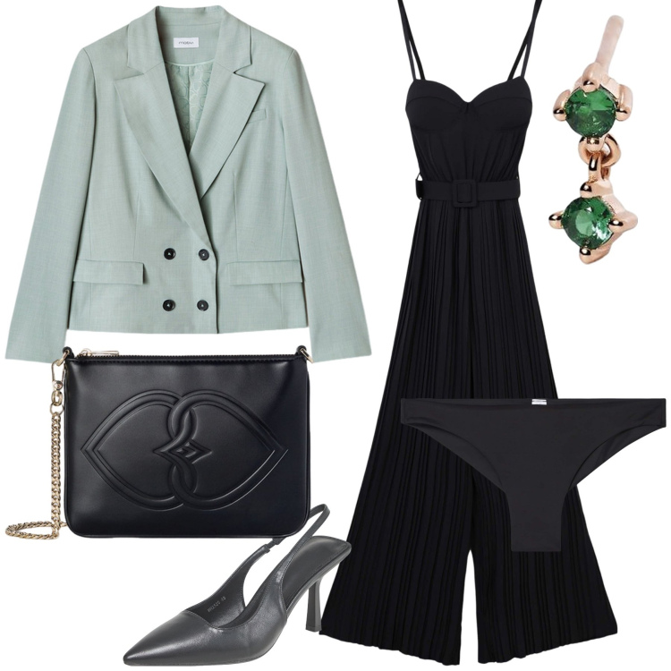 Outfit donna - Serata blazer e tuta. Stile Glamour per Serata fuori. Abbinamento con culotte, tute, décolleté, orecchini, pochette, blazer.