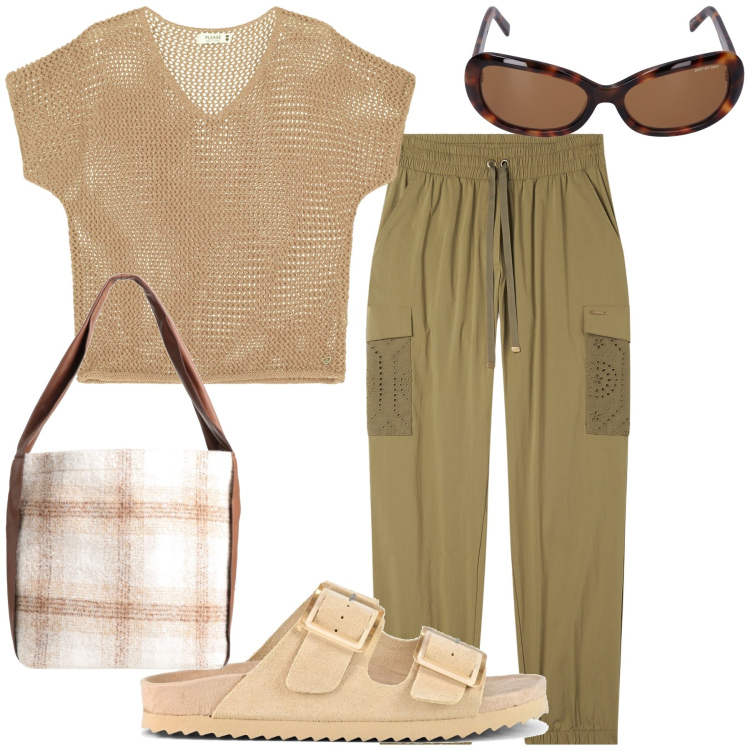 Outfit donna - Sotto casa. Stile Basic per Tutti i giorni. Abbinamento con borse a spalla, maglieria, pantaloni cargo, sandali, occhiali da sole.