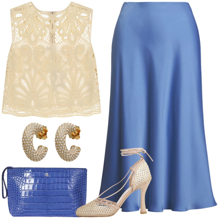 Outfit donna - Cerimonia in longuette royal. Stile Chic per Cerimonia. Abbinamento con orecchini, décolleté, top, pochette, gonne.