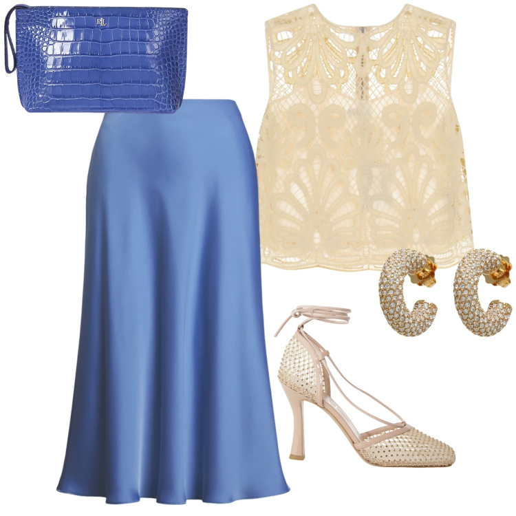 Outfit donna - Cerimonia pizzo e raso. Stile Bon Ton per Cerimonia. Abbinamento con orecchini, décolleté, top, pochette, gonne.
