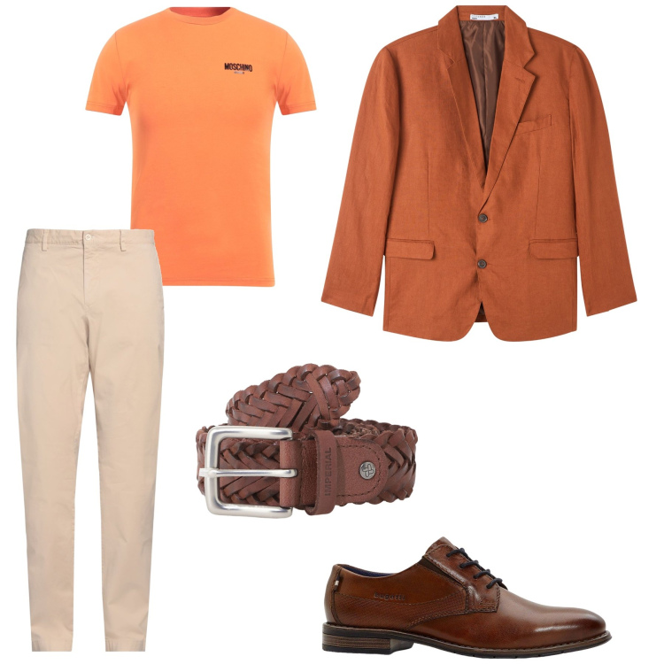 Outfit uomo - Arancio vitaminico. Stile Urban per Tutti i giorni. Abbinamento con scarpe stringate, pantaloni chino, t-shirt, giacche, cinture.
