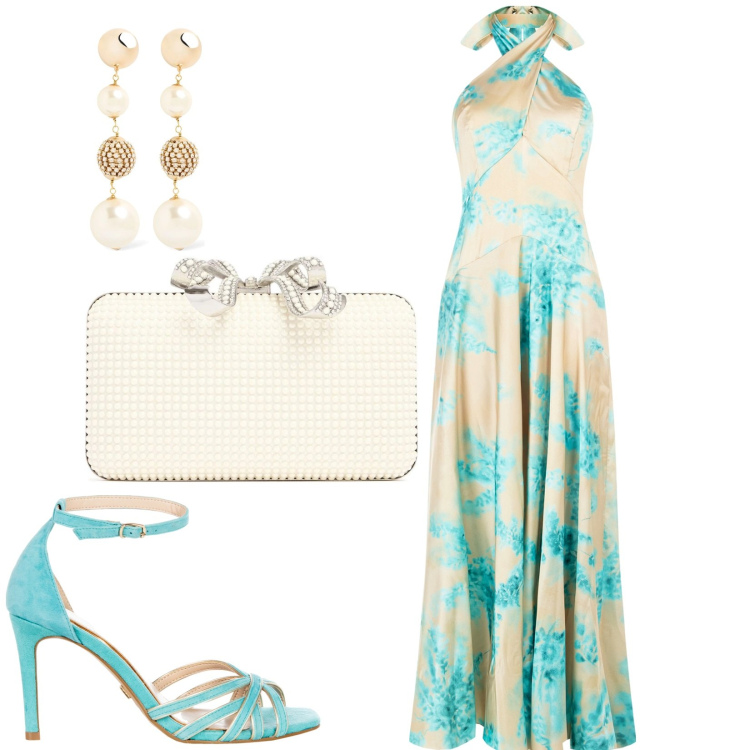 Outfit donna - Cerimonia elegantissima. Stile Chic per Cerimonia. Abbinamento con vestiti lunghi, sandali col tacco, pochette, orecchini.