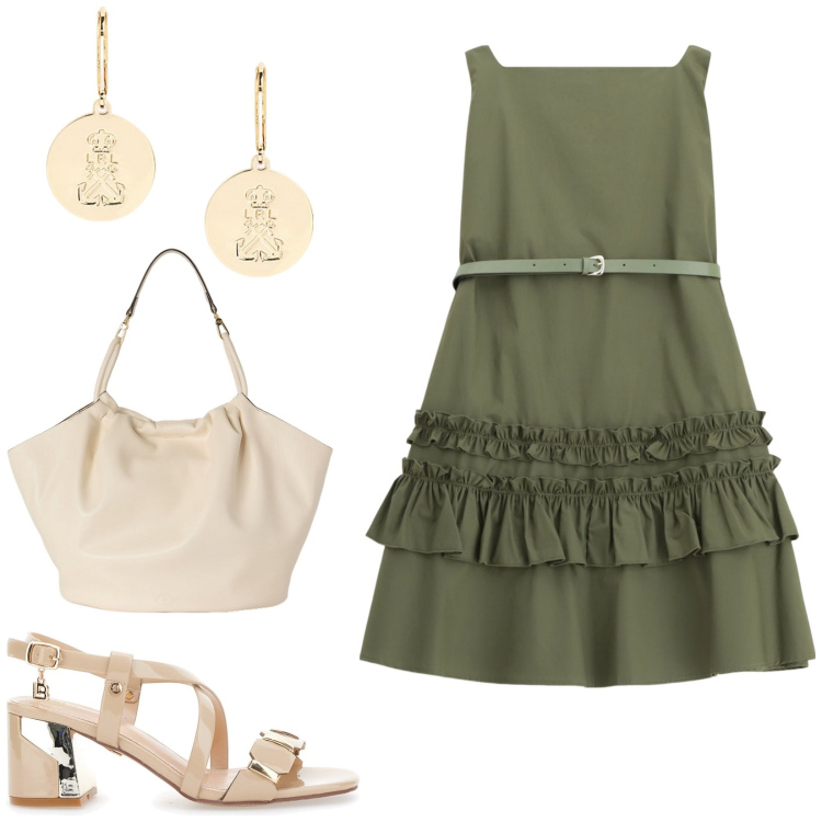 Outfit donna - Mini dress. Stile Chic per Tutti i giorni. Abbinamento con vestiti corti, orecchini, sandali col tacco, borse a secchiello.