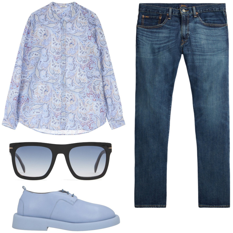 Outfit uomo - Camicia fantasia paisley. Stile Trendy per Tutti i giorni. Abbinamento con scarpe stringate, camicie, jeans dritti, occhiali da sole.