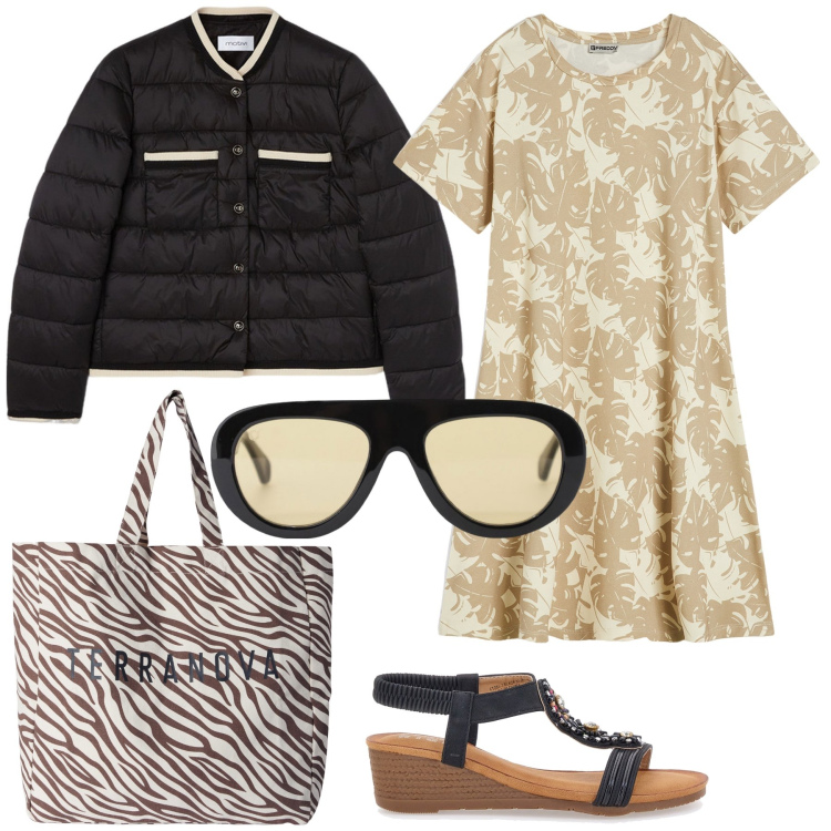 Outfit donna - Impegni giornalieri. Stile Trendy per Tutti i giorni. Abbinamento con borse tote, occhiali da sole, vestiti, sandali gioiello, piumini.