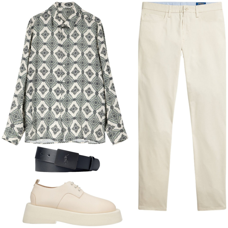 Outfit uomo - Fantasie geometriche. Stile Trendy per Tutti i giorni. Abbinamento con scarpe stringate, camicie, cinture, pantaloni.