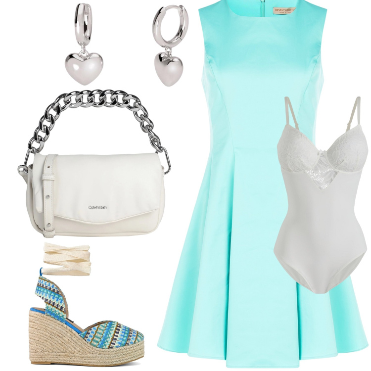 Outfit donna - Romanticismo estivo. Stile Bon Ton per Tutti i giorni. Abbinamento con body, borse a mano, orecchini, vestiti corti, zeppe.