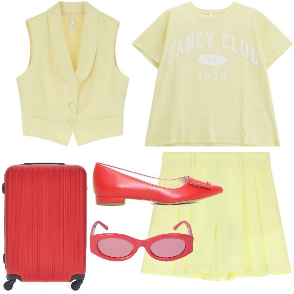 Outfit donna - Pronta per un giro in aereo. Stile Urban per Tutti i giorni. Abbinamento con gonne, t-shirt, gilet, occhiali da sole, valigie, ballerine.