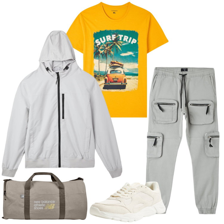 Outfit uomo - La maglietta gialla. Stile Casual per Sport. Abbinamento con sneakers, t-shirt, pantaloni cargo, giacche, borse sportive.