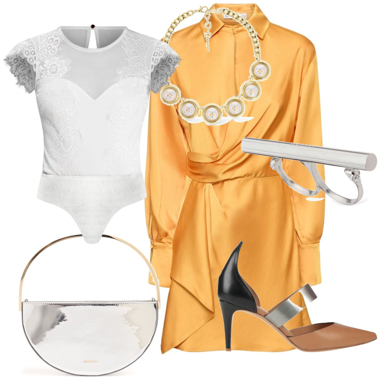 Outfit donna - Frusciante raso. Stile Chic per Cerimonia. Abbinamento con décolleté, body, pochette, collane, vestiti, anelli.