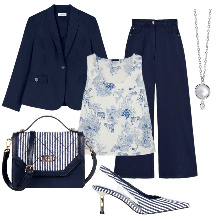 Outfit donna - Righe blu notte in ufficio. Stile Bon Ton per Ufficio. look ideale per Petite. Abbinamento con collane, décolleté, borse a mano, top, pantaloni, blazer.