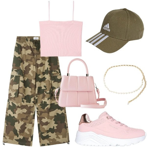 Outfit donna - estate urban. Stile Urban per Tutti i giorni. Abbinamento con borse a tracolla, canottiere, pantaloni cargo, collane, cappelli con visiera, sneakers.