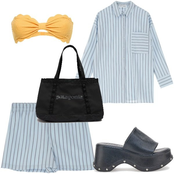Outfit donna - Coordinato da (A) mare. Stile Vintage retrò per Mare. Abbinamento con camicie, pantaloni corti, ciabatte, bikini, shopping bag.