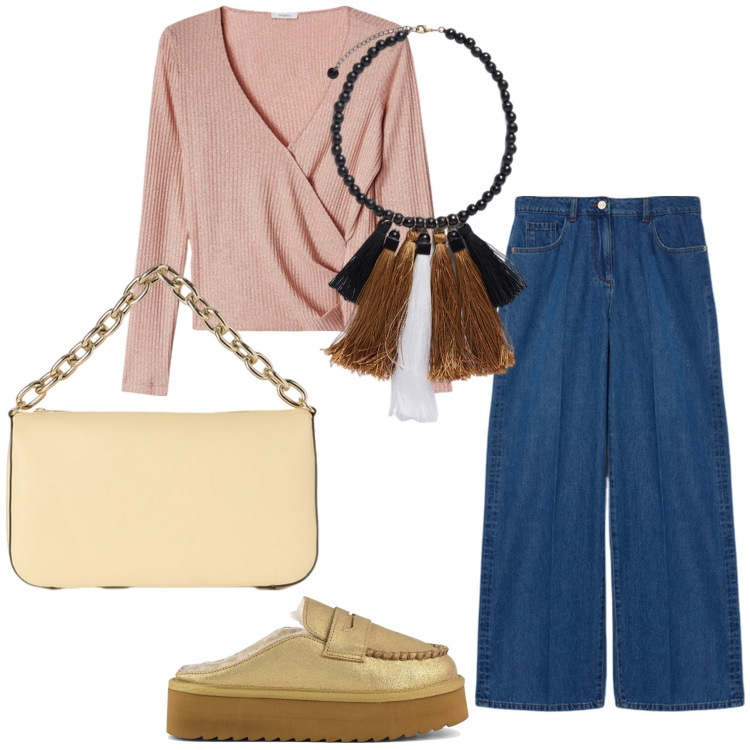 Outfit donna - Motivi e scarpe comode. Stile Sporty chic per Tutti i giorni. Abbinamento con mocassini, jeans, maglieria, collane, borse a tracolla.