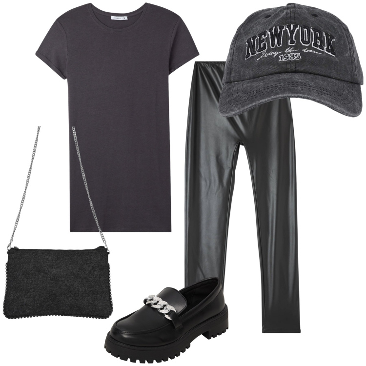 Outfit donna - Con Terranova a New York. Stile Mannish per Tutti i giorni. Abbinamento con treggings, cappelli, t-shirt, mocassini, borse a tracolla.