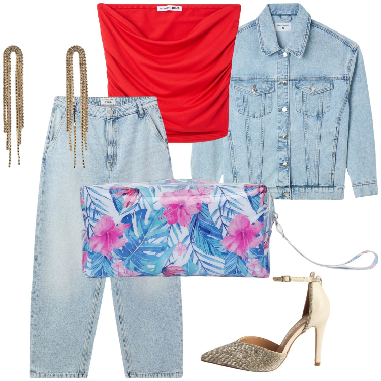 Outfit donna - Aperitivo in Terranova. Stile Sporty chic per Serata fuori. Abbinamento con décolleté, jeans, orecchini, top, pochette, cappotti.