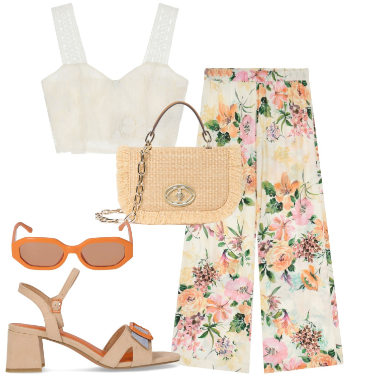 Outfit donna - I pantaloni a fiori. Stile Urban per Tutti i giorni. Abbinamento con pantaloni a palazzo, top, sandali col tacco, occhiali da sole, borse a tracolla.