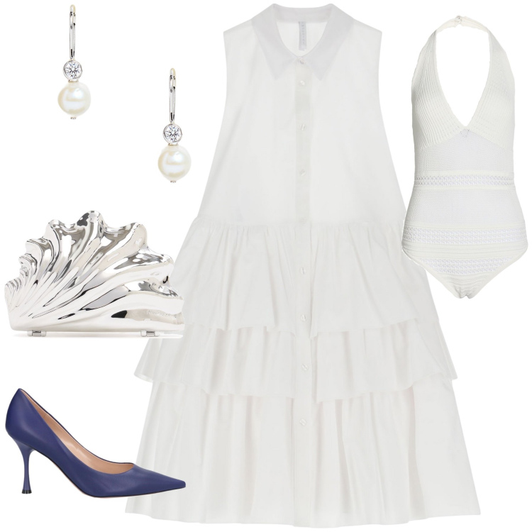 Outfit donna - La sposa ha qualcosa di blu. Stile Glamour per Cerimonia. Abbinamento con body, décolleté, vestiti corti, orecchini, pochette.