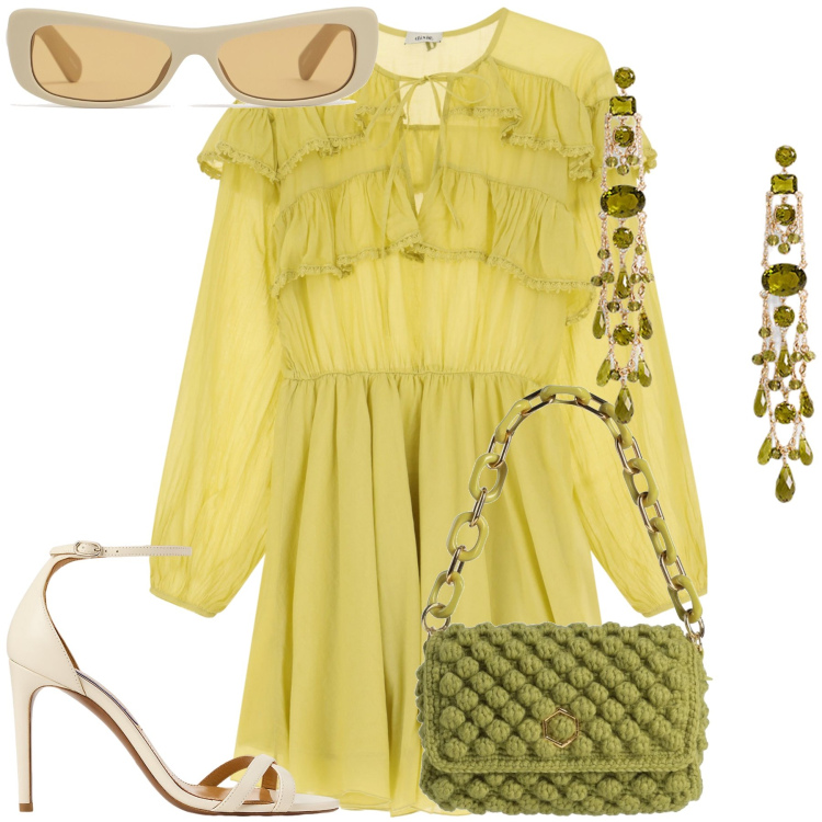 Outfit donna - Cerimonia con look particolare. Stile Trendy per Cerimonia. Abbinamento con borse a mano, vestiti corti, sandali col tacco, orecchini, occhiali da sole.