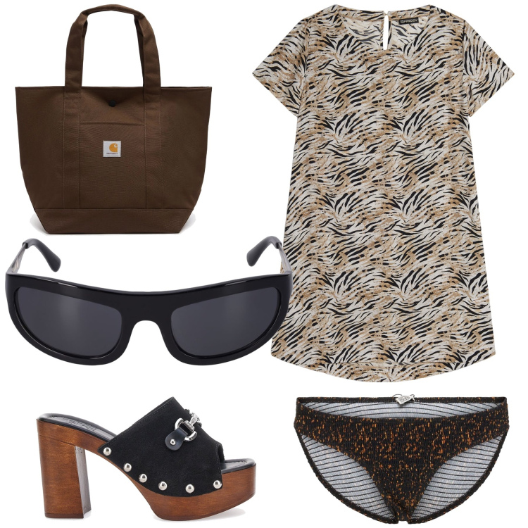 Outfit donna - Verso il mare. Stile Basic per Mare. Abbinamento con vestiti midi/longuette, zoccoli, occhiali da sole, borse tote, bikini.